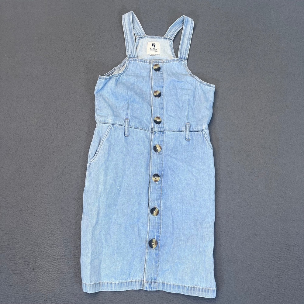 Garcia Girls Light Wash Denim Button Front Pinafore Overall Dress Size 140/146